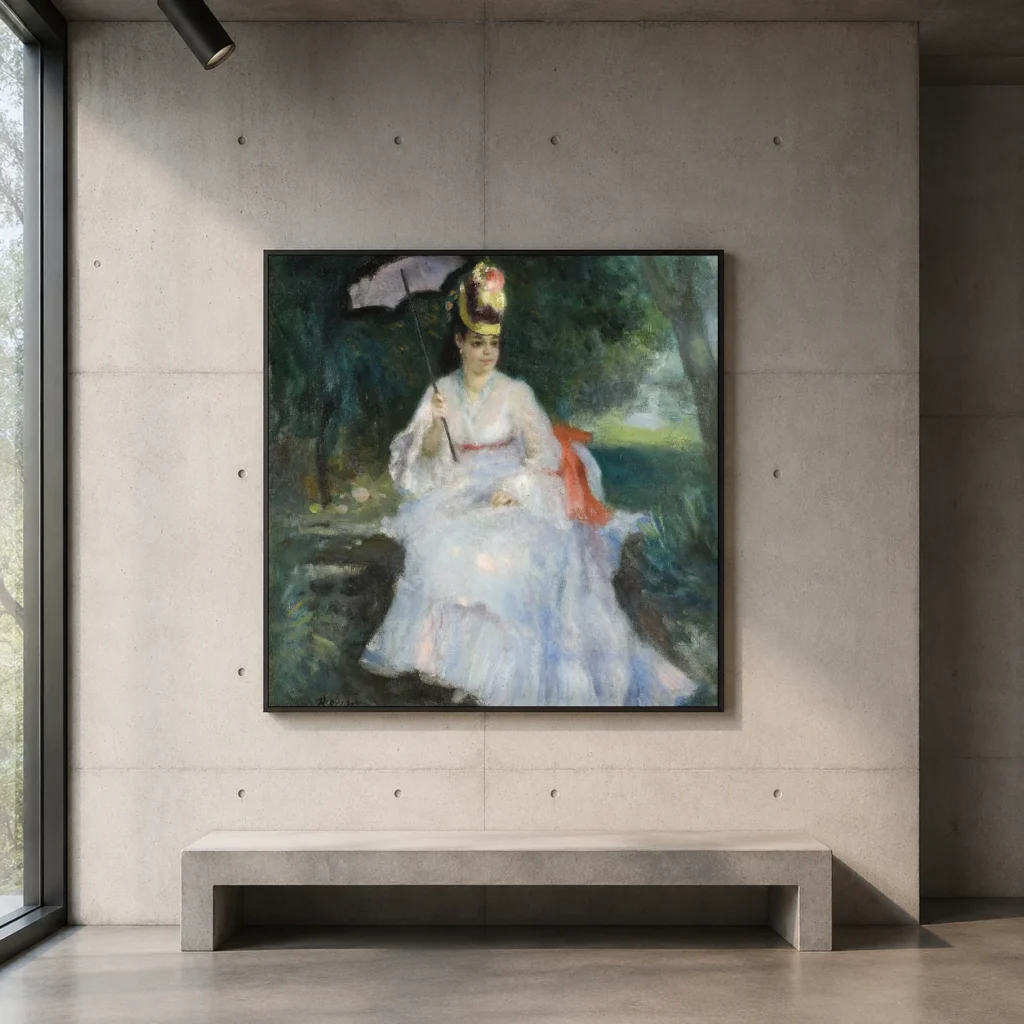 Framed print of Femme à l’ombrelle assise dans le jardin (Lise Tréhot) hanging on a wall in a furnished room