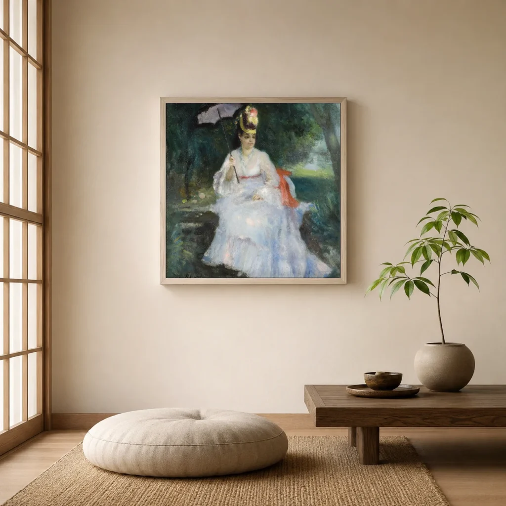 Framed print of Femme à l’ombrelle assise dans le jardin (Lise Tréhot) hanging on a wall in a furnished room
