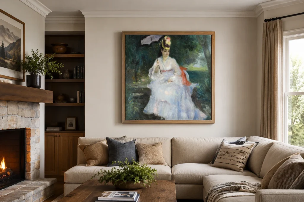 Framed print of Femme à l’ombrelle assise dans le jardin (Lise Tréhot) hanging on a wall in a furnished room
