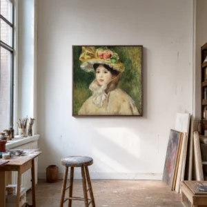 Framed print of Woman in a Capeline hanging on a wall in a furnished room
