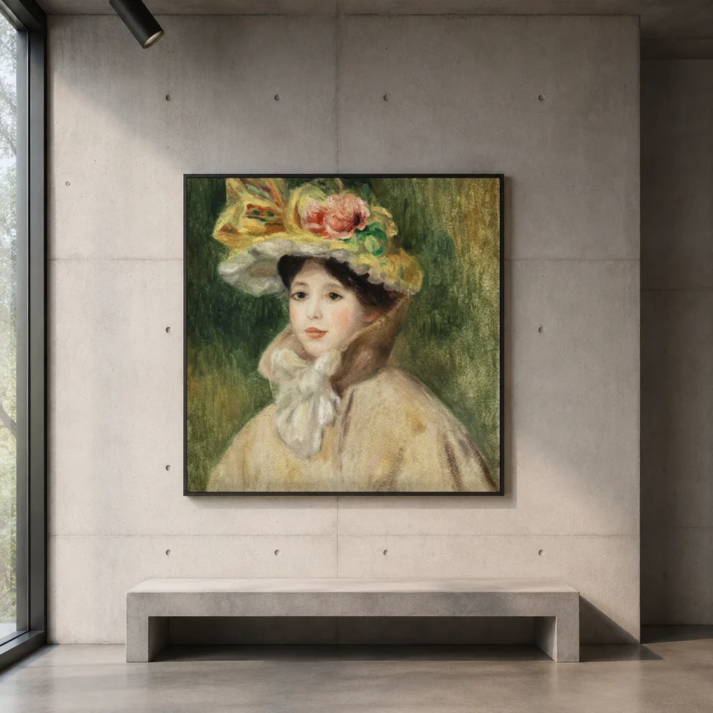 Framed print of Woman in a Capeline hanging on a wall in a furnished room