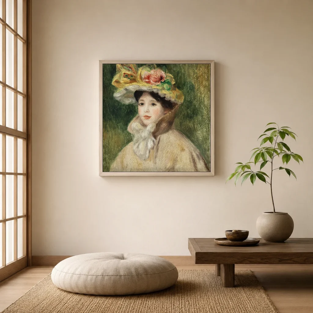 Framed print of Woman in a Capeline hanging on a wall in a furnished room