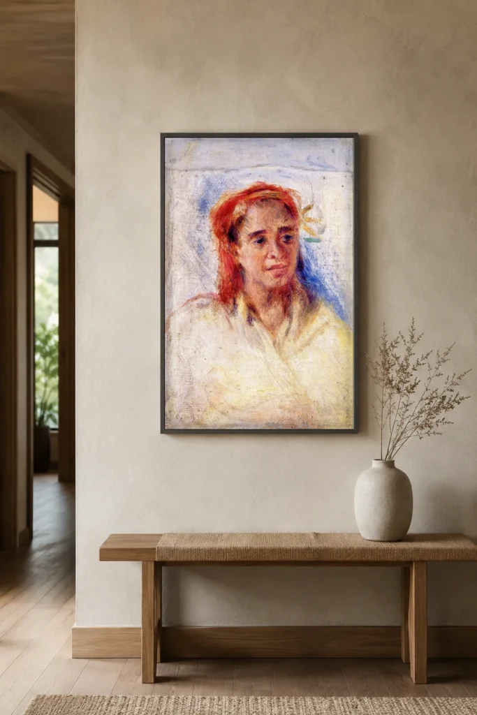 Framed print of Old Arab Woman hanging on a wall in a furnished room