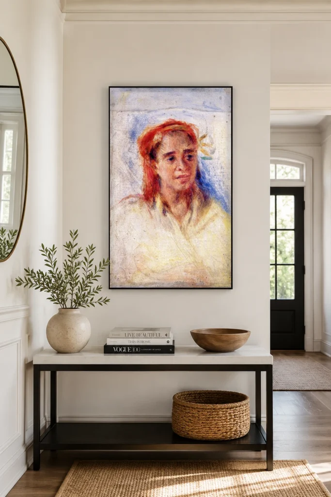 Framed print of Old Arab Woman hanging on a wall in a furnished room