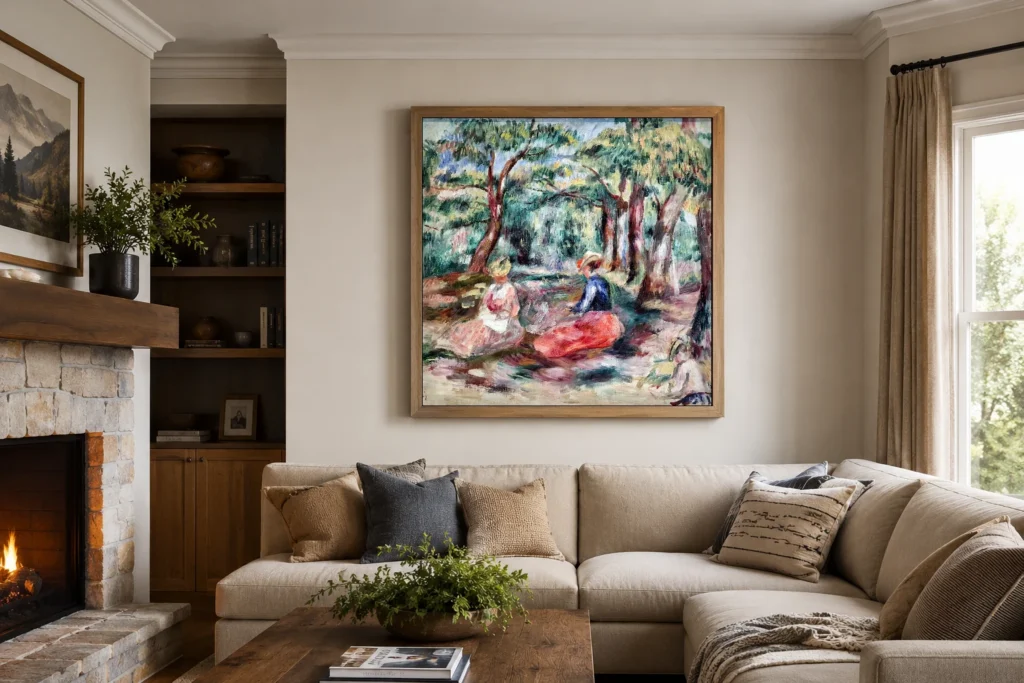 Framed print of Figures in the Landscape hanging on a wall in a furnished room