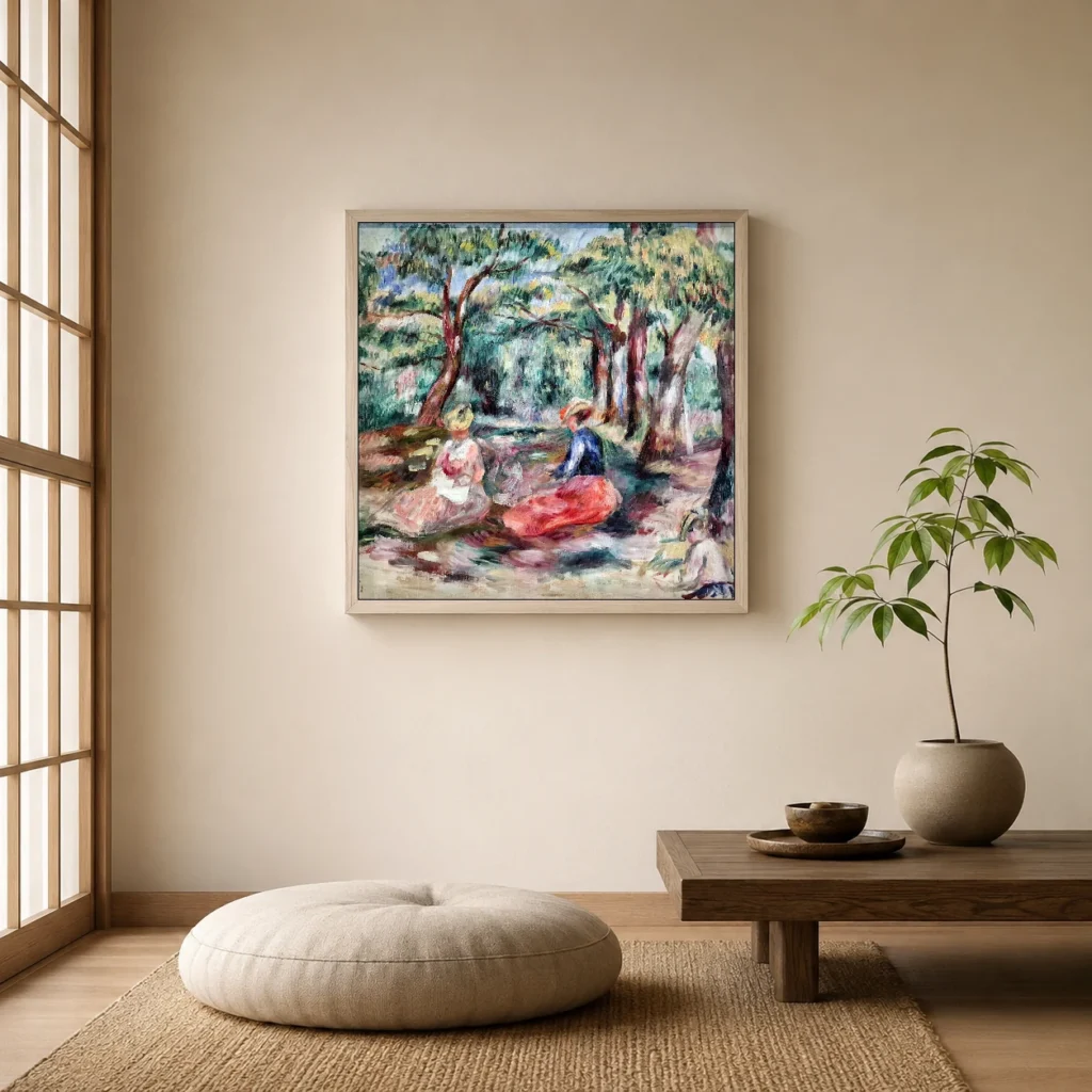 Framed print of Figures in the Landscape hanging on a wall in a furnished room