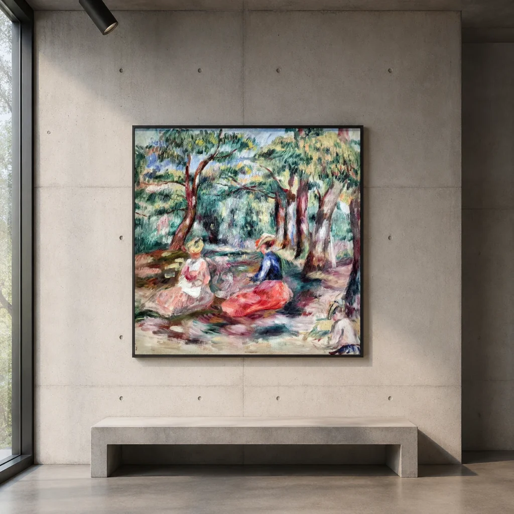 Framed print of Figures in the Landscape hanging on a wall in a furnished room