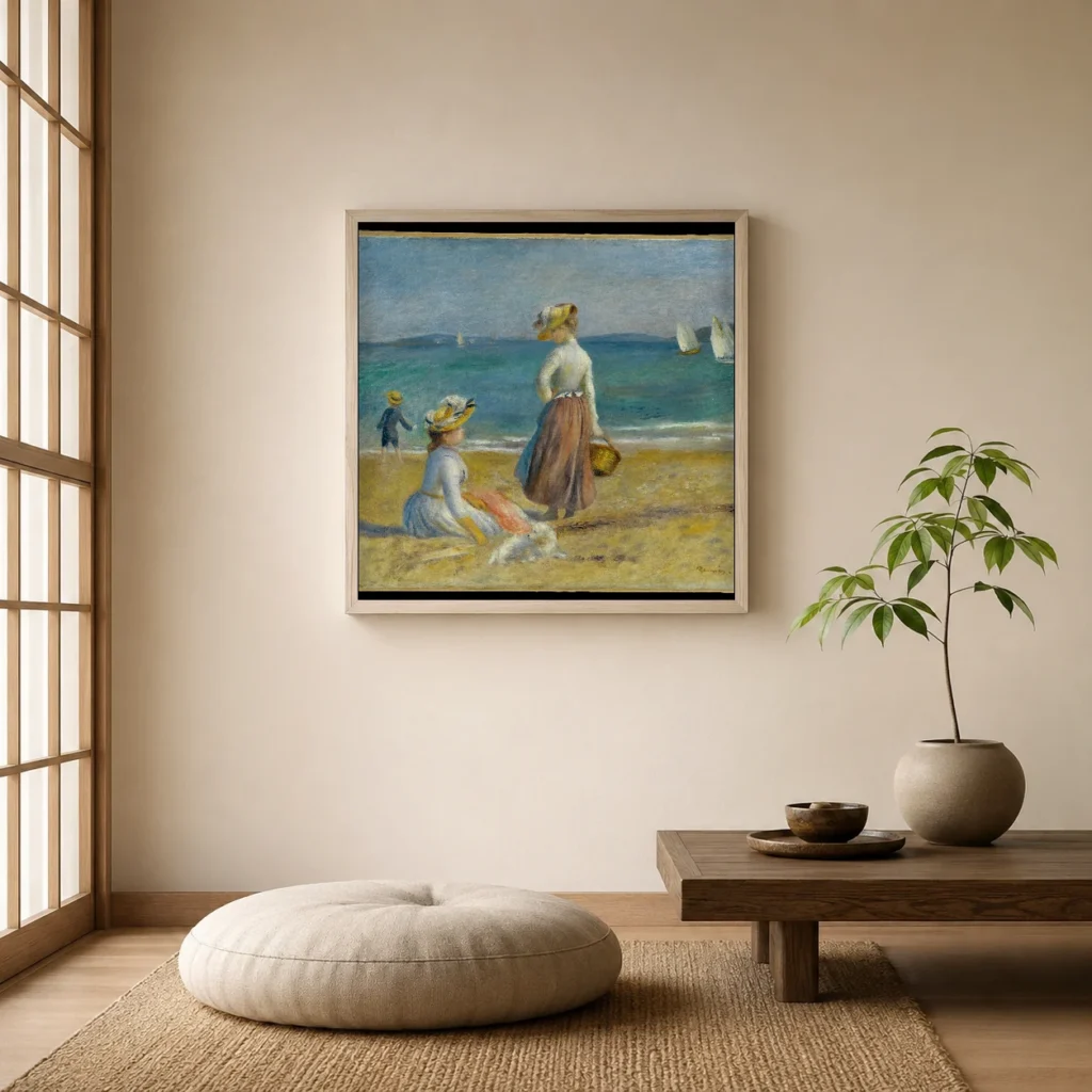 Framed print of Figures on the Beach hanging on a wall in a furnished room