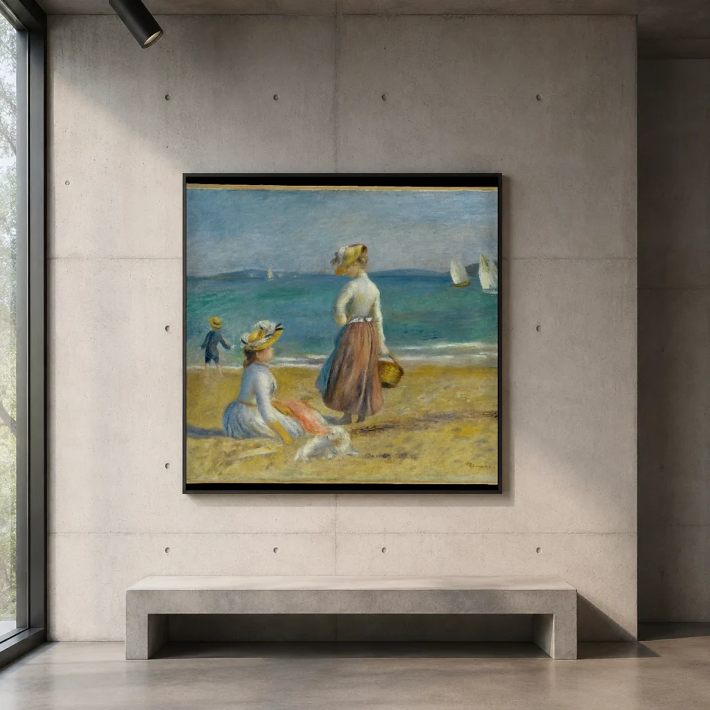 Framed print of Figures on the Beach hanging on a wall in a furnished room