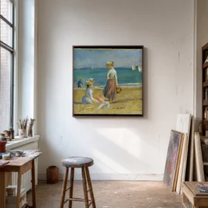 Framed print of Figures on the Beach hanging on a wall in a furnished room