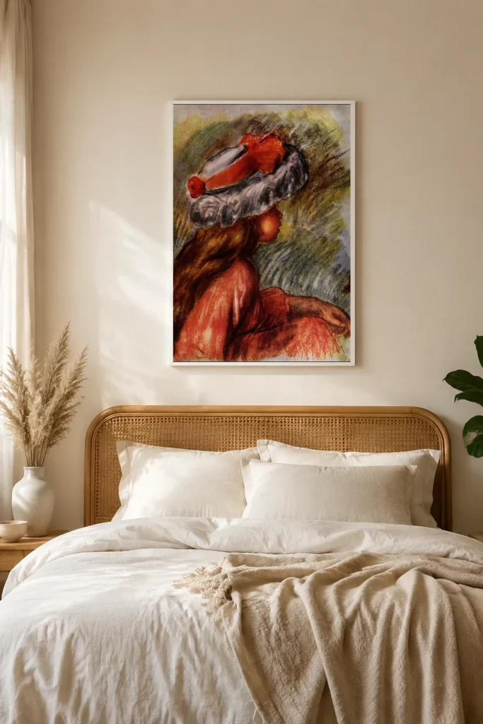 Framed print of Little Girl in a Red and White Hat hanging on a wall in a furnished room