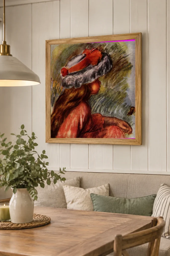 Framed print of Little Girl in a Red and White Hat hanging on a wall in a furnished room