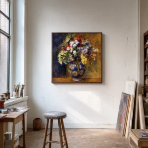 Framed print of Flowers in a Blue Floral Vase hanging on a wall in a furnished room