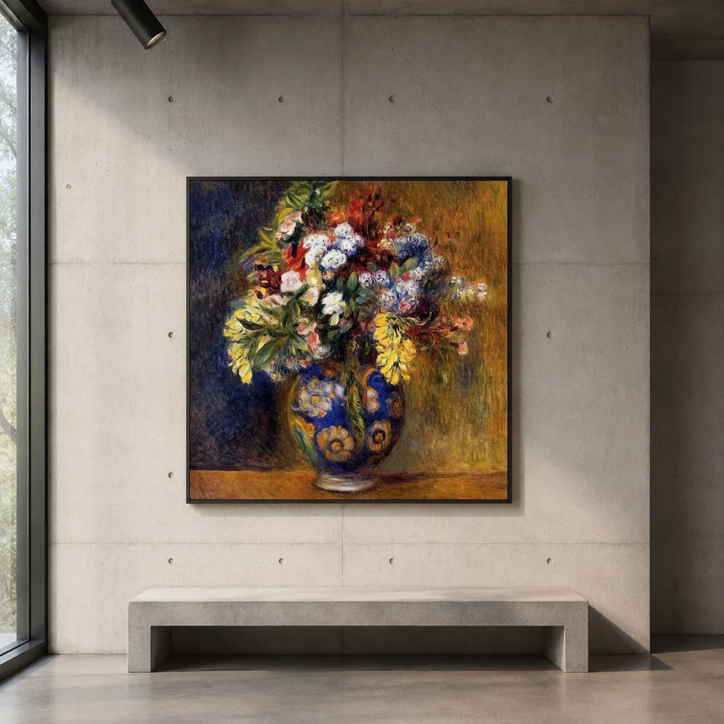 Framed print of Flowers in a Blue Floral Vase hanging on a wall in a furnished room