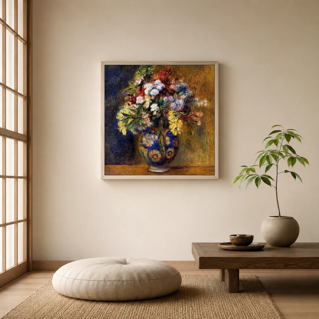 Framed print of Flowers in a Blue Floral Vase hanging on a wall in a furnished room