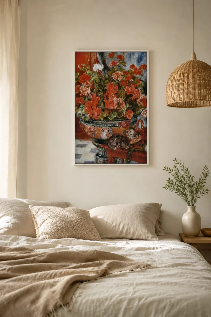 Framed print of Flowers and Cats hanging on a wall in a furnished room