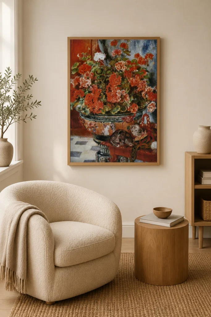 Framed print of Flowers and Cats hanging on a wall in a furnished room
