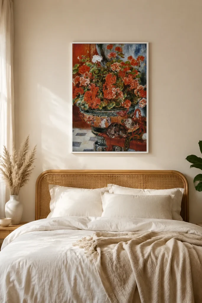 Framed print of Flowers and Cats hanging on a wall in a furnished room