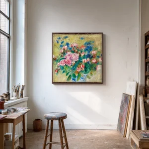 Framed print of Flowers on a Yellow Background hanging on a wall in a furnished room