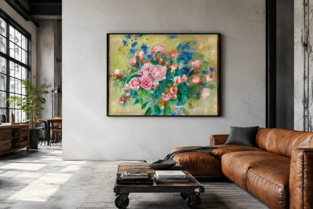 Framed print of Flowers on a Yellow Background hanging on a wall in a furnished room