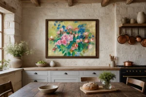 Framed print of Flowers on a Yellow Background hanging on a wall in a furnished room