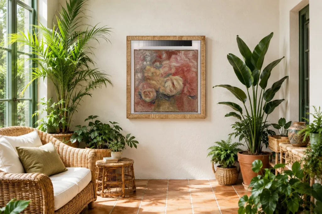 Framed print of Flowers hanging on a wall in a furnished room