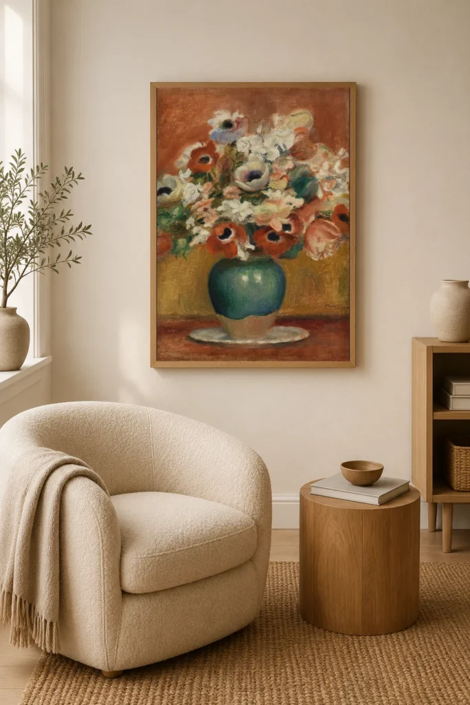 Framed print of Flowers (Fleurs) hanging on a wall in a furnished room