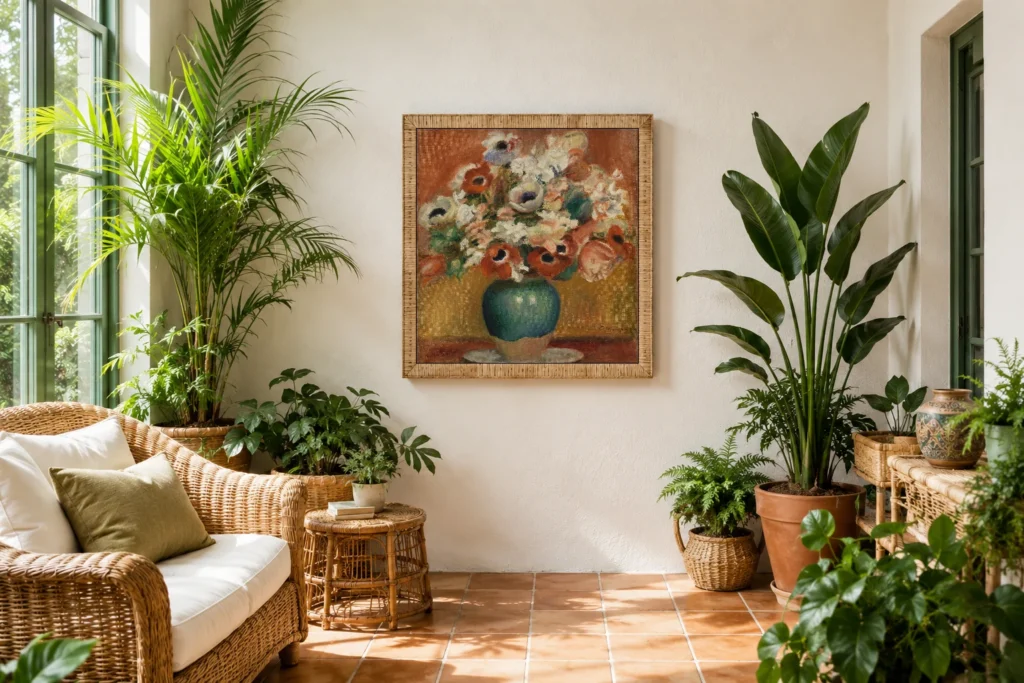 Framed print of Flowers (Fleurs) hanging on a wall in a furnished room