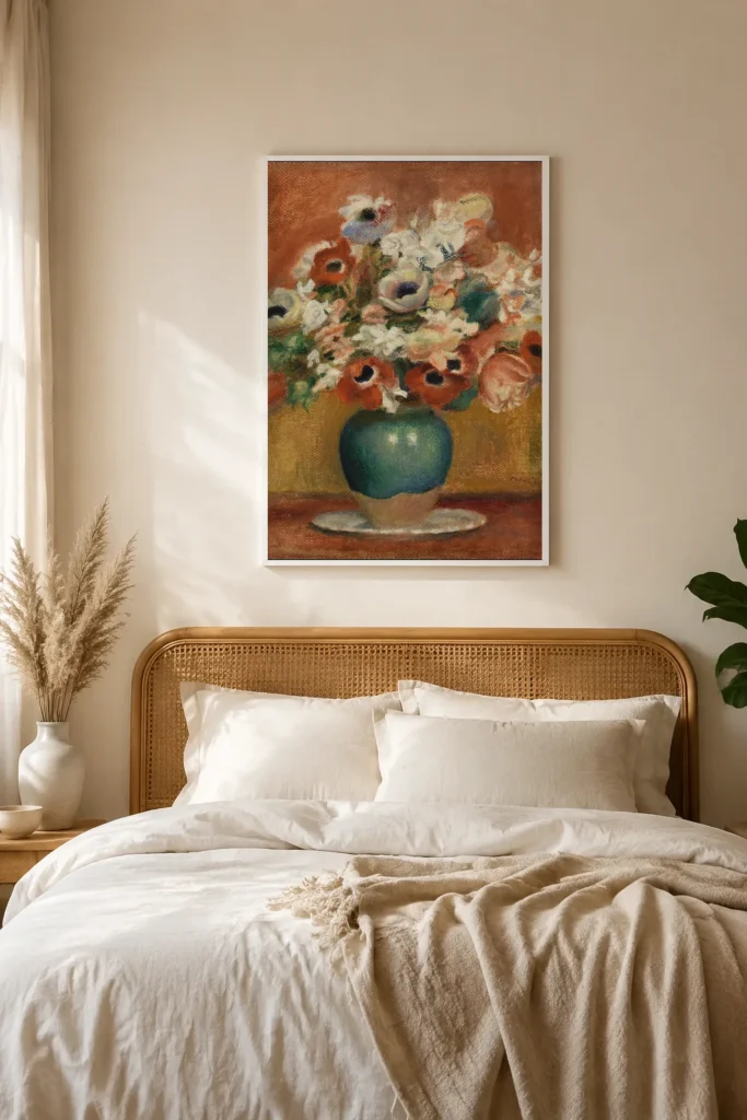 Framed print of Flowers (Fleurs) hanging on a wall in a furnished room