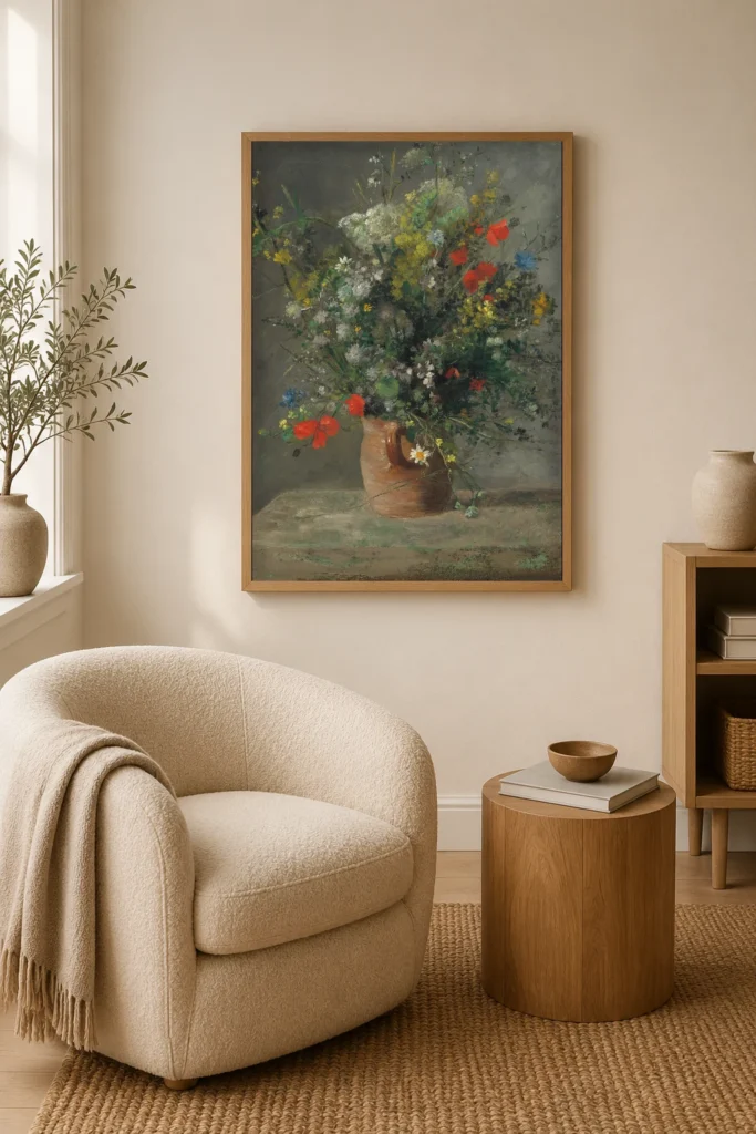 Framed print of Flowers in a Vase hanging on a wall in a furnished room