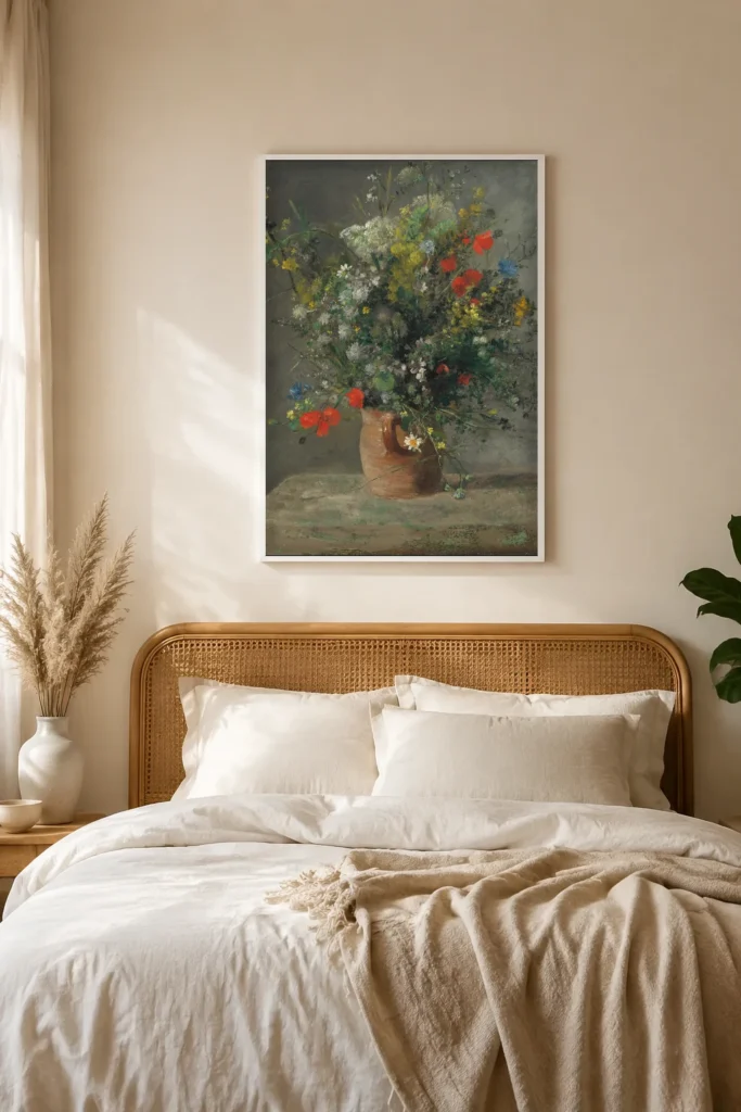 Framed print of Flowers in a Vase hanging on a wall in a furnished room