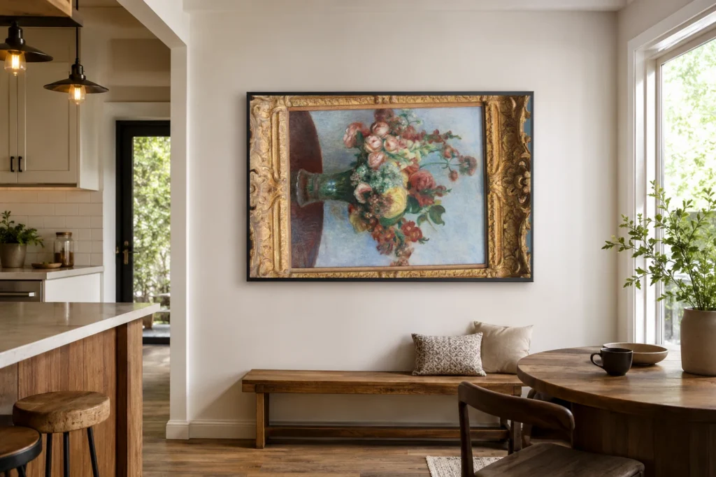 Framed print of Flowers in a vase hanging on a wall in a furnished room