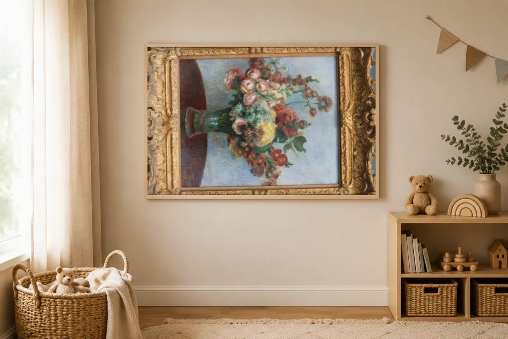 Framed print of Flowers in a vase hanging on a wall in a furnished room