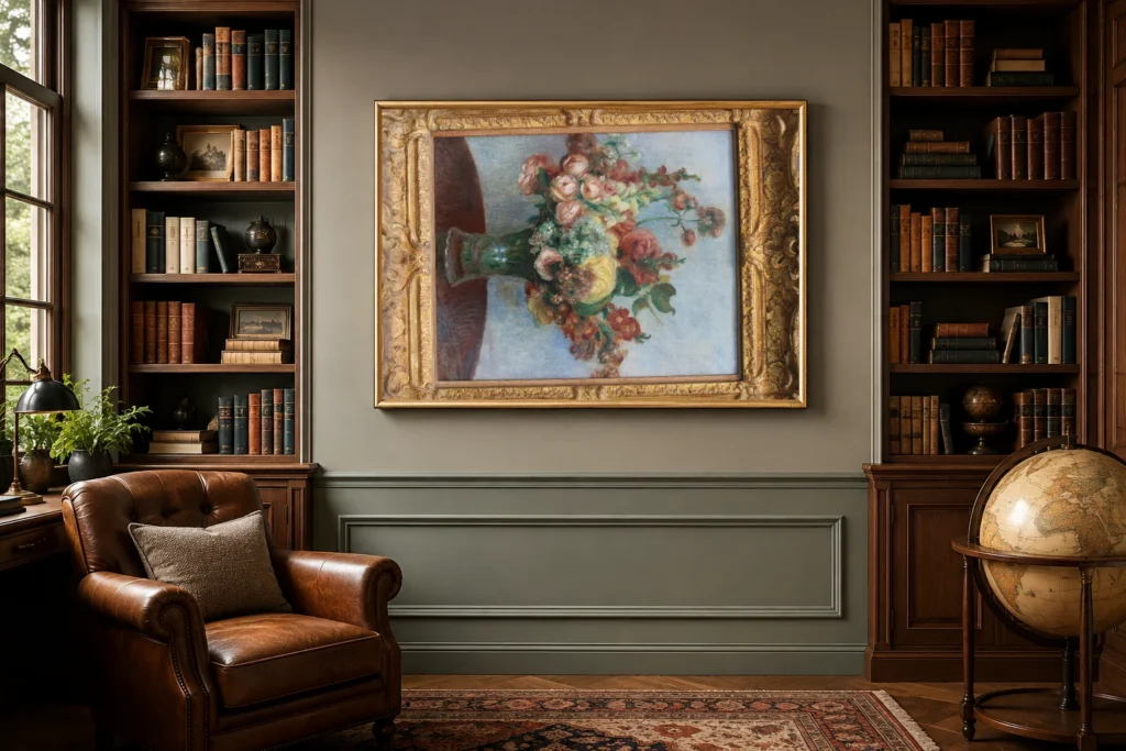Framed print of Flowers in a vase hanging on a wall in a furnished room