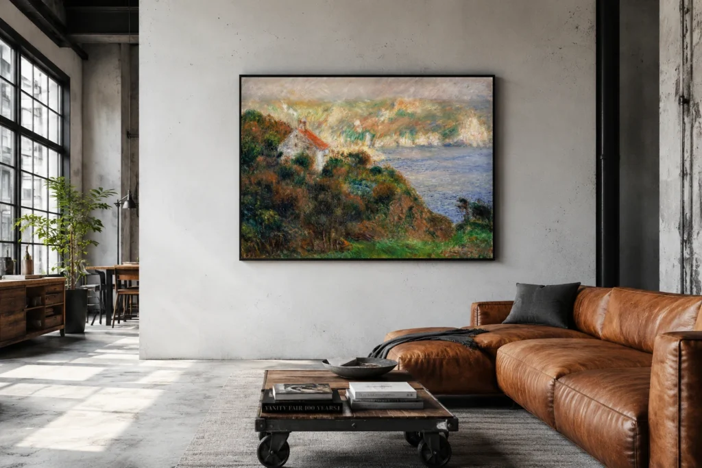 Framed print of Fog on Guernsey hanging on a wall in a furnished room