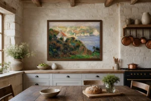Framed print of Fog on Guernsey hanging on a wall in a furnished room