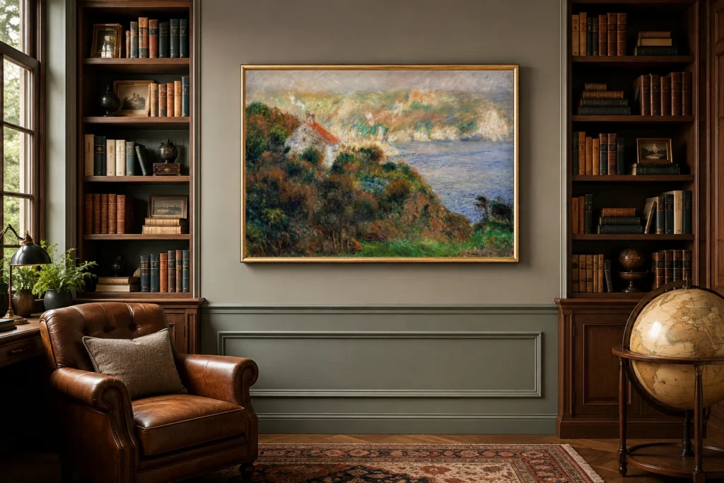 Framed print of Fog on Guernsey hanging on a wall in a furnished room