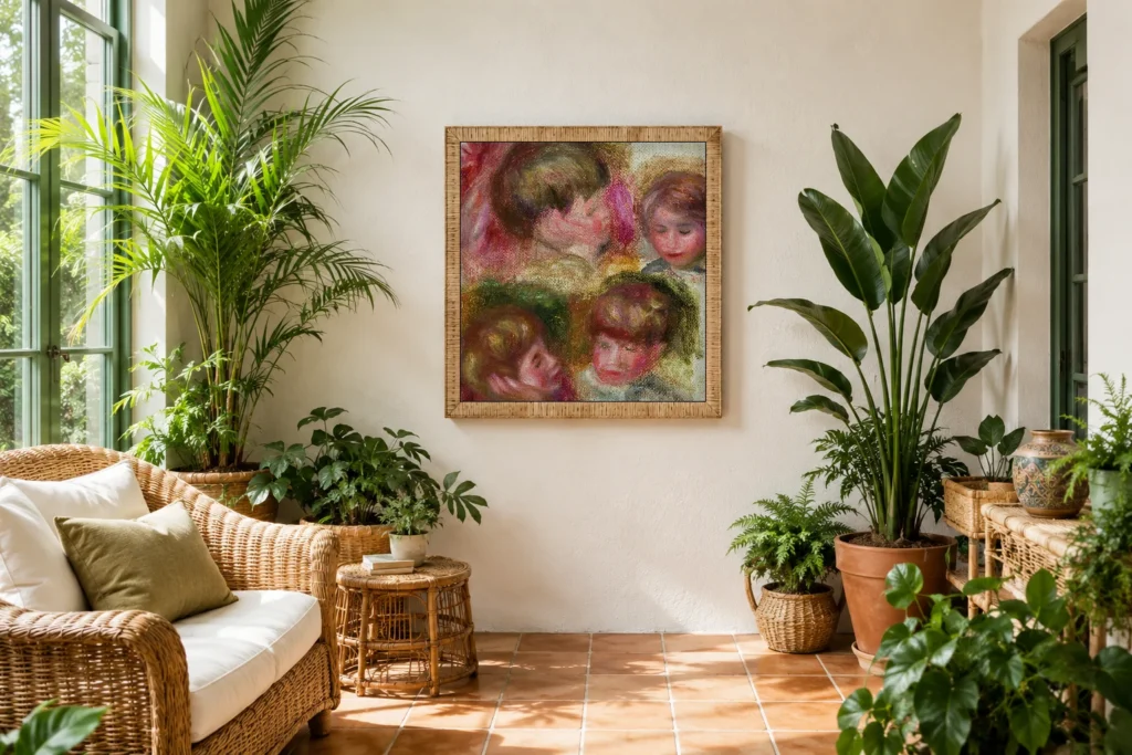 Framed print of Four Heads hanging on a wall in a furnished room
