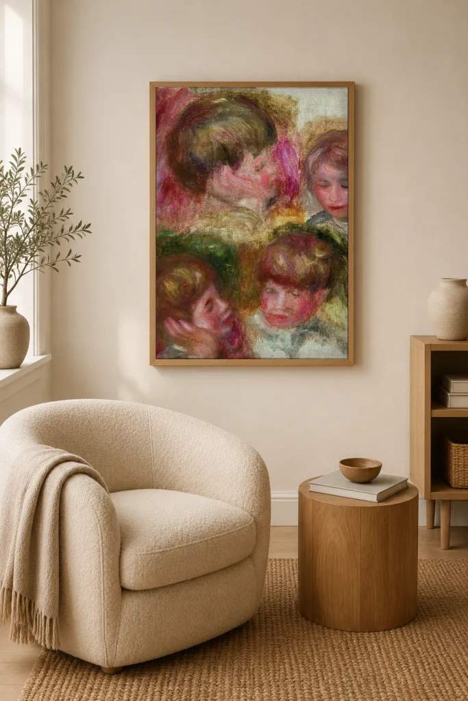 Framed print of Four Heads hanging on a wall in a furnished room