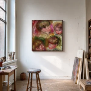 Framed print of Four Heads hanging on a wall in a furnished room