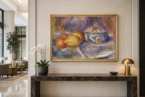 Framed print of Fruit and Bonbonnière hanging on a wall in a furnished room