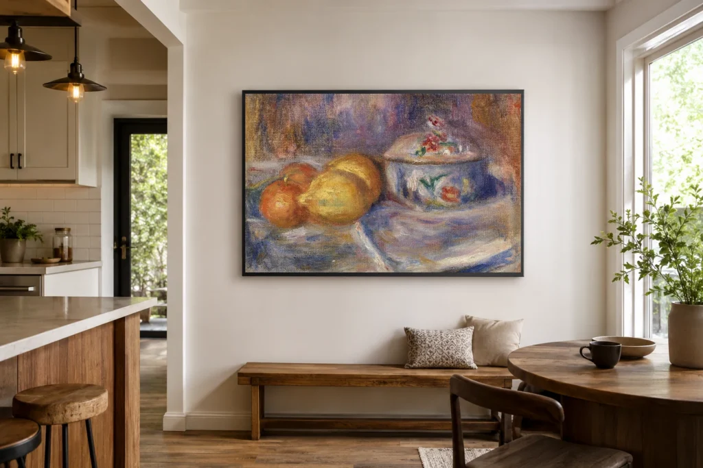 Framed print of Fruit and Bonbonnière hanging on a wall in a furnished room