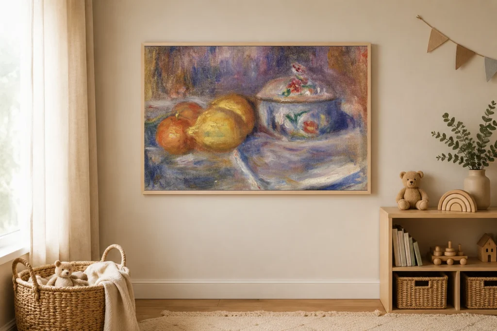 Framed print of Fruit and Bonbonnière hanging on a wall in a furnished room