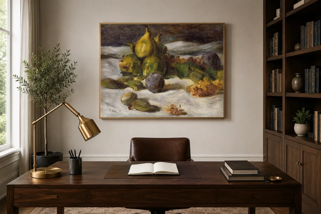 Framed print of Fruit still life (figs and currants) hanging on a wall in a furnished room