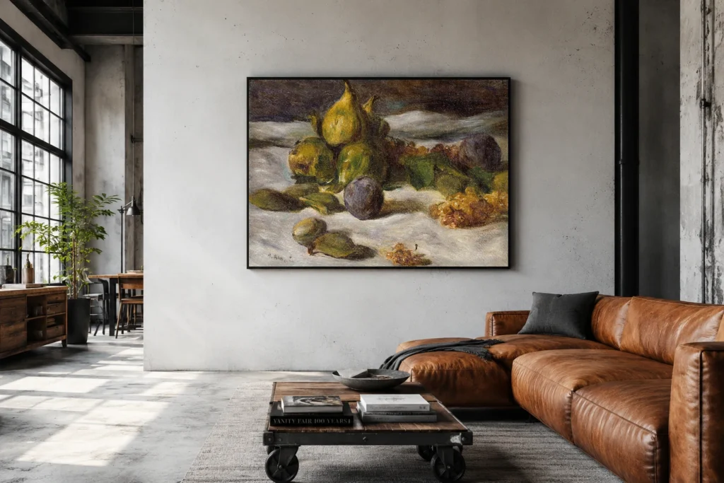 Framed print of Fruit still life (figs and currants) hanging on a wall in a furnished room