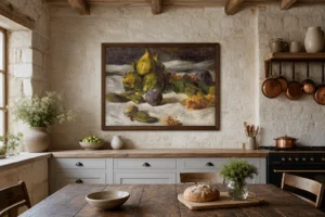 Framed print of Fruit still life (figs and currants) hanging on a wall in a furnished room