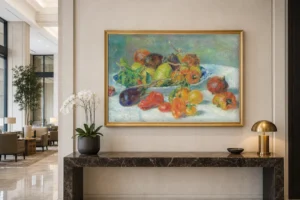 Framed print of Fruits of the Midi hanging on a wall in a furnished room