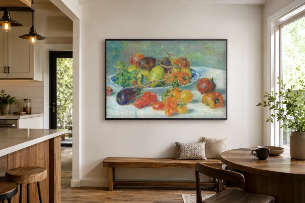 Framed print of Fruits of the Midi hanging on a wall in a furnished room