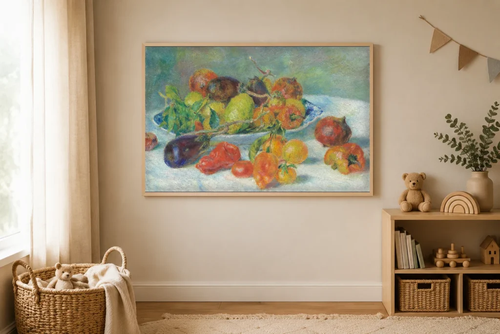 Framed print of Fruits of the Midi hanging on a wall in a furnished room