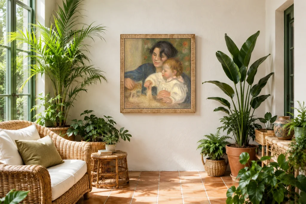 Framed print of Gabrielle and Jean hanging on a wall in a furnished room